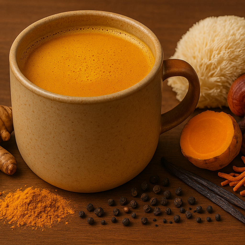 Mug of golden turmeric latte with turmeric root and spices on a wooden surface
