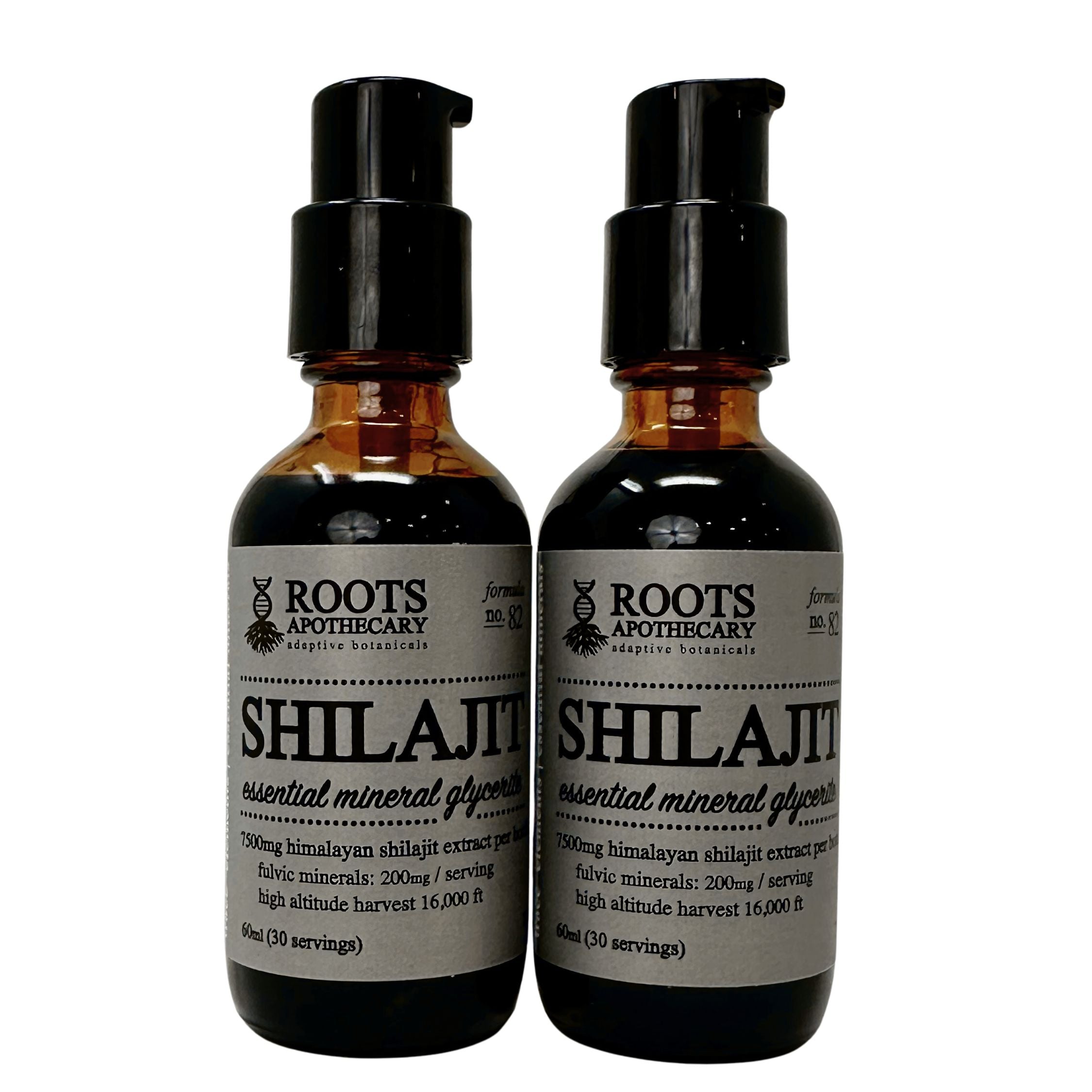 shilajit glycerin two pack photo. two 60ml 30 servings bottles. 60 servings total. essential mineral and fulvic supplement