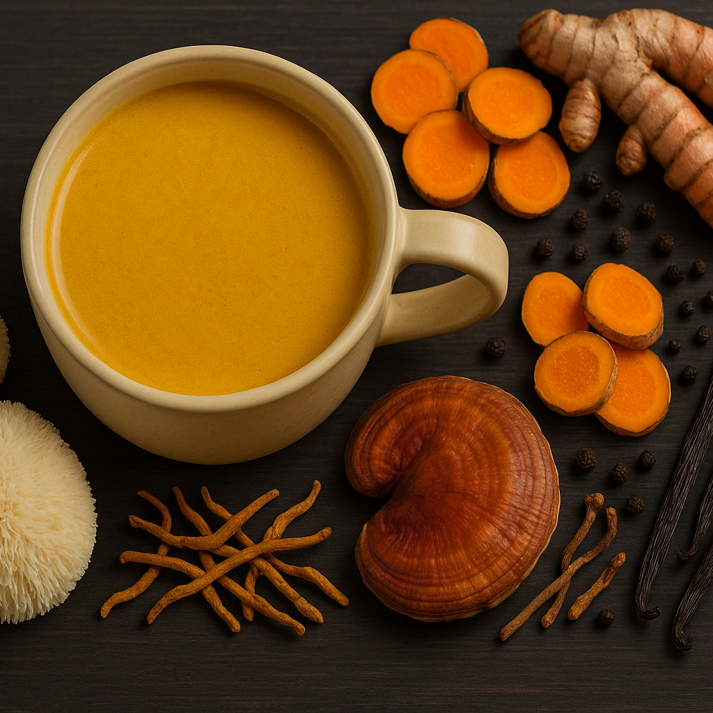 Mug of yellow liquid with turmeric, carrots, and other spices on a dark surface